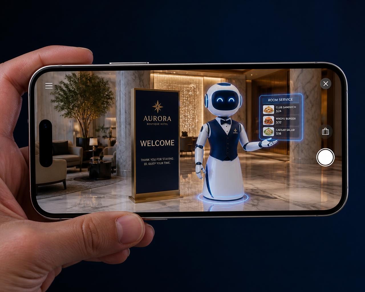 Smartphone showing the Travel Buddy AR concierge beside a welcome sign in a luxury hotel lobby
